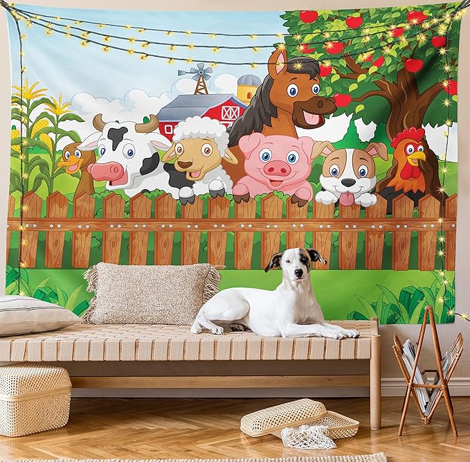 Ambesonne Cartoon Tapestry, Composition Farm Animals on Fence Comic Mascots Dog Cow Horse Design, Fabric Wall Hanging Decor for Bedroom Living Room Dorm, 30" X 45", Green Multicolor