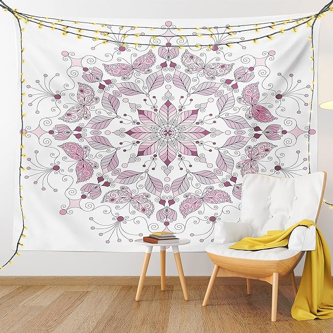 Ambesonne Mandala Tapestry, Lacy Inspired Pastel Floral Motif with Butterfly and Lotus Branches Design, Wall Hanging for Bedroom Living Room Dorm Decor, 40" X 60", White Pale Pink
