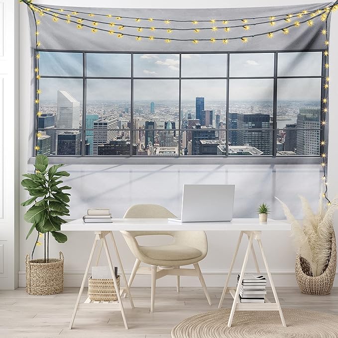 Ambesonne City Tapestry Twin Size, Clean Office with Big Window Downtown Skyscraper Buildings Domestic Cityscape Art, Wall Hanging Bedspread Bed Cover Wall Decor, 68" X 88", Grey White