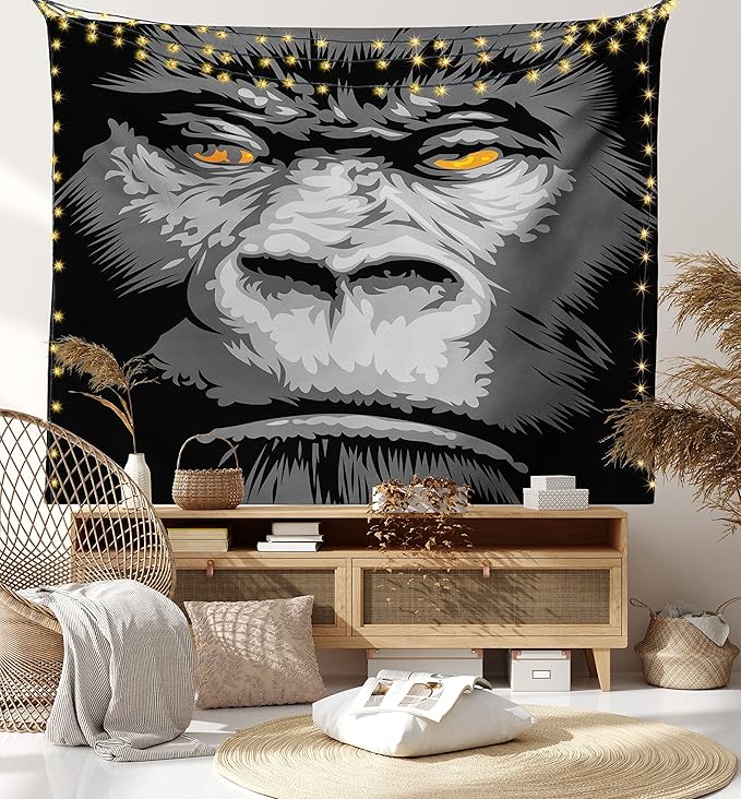 Ambesonne Modern Tapestry, Close up Gorilla Portrait with Orange Eyes Zoo Jungle Animal Wild Money Graphic, Wide Wall Hanging for Bedroom Living Room Dorm, 80" X 60", Grey Marigold