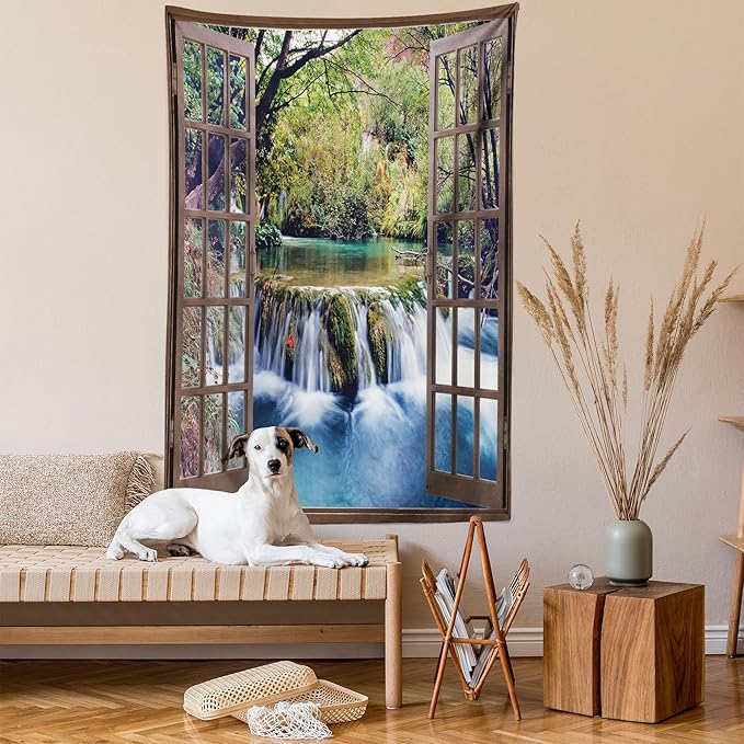 Ambesonne Waterfall Tapestry, Wide Waterfall Deep down in the Forest Seen from a City Window Epic Surreal Print, Wall Hanging for Bedroom Living Room Dorm Decor, 60" X 80", Brown Black