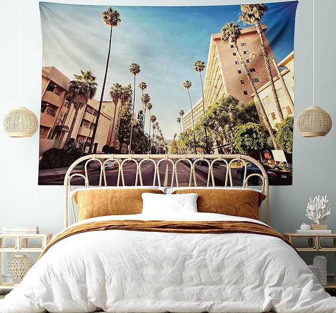 Ambesonne Urban Tapestry, Street in Beverly Hills CaliforniPalm Trees Houses Famous City Photo, Fabric Wall Hanging Decor for Bedroom Living Room Dorm, 23" X 28", Pale Blue Peach Green