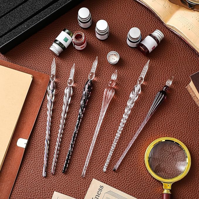 Zonon Glass Dipped Pen Ink Set 14 Pcs Include 6 Pcs Glass Dip Pen, 6 Colorful India Ink and 2 Holder Crystal Signature Calligraphy for Art, Writing, Gift(Purple Pink Color System)