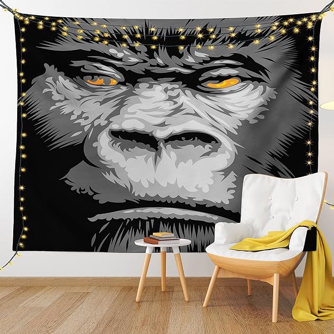 Ambesonne Modern Tapestry, Close up Gorilla Portrait with Orange Eyes Zoo Jungle Animal Wild Money Graphic, Wide Wall Hanging for Bedroom Living Room Dorm, 80" X 60", Grey Marigold