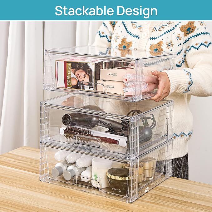 Vtopmart 3 Pack Large Stackable Storage Drawers,Easily Assemble Clear Acrylic Bathroom Closet Undersink Organizers,Plastic Storage Bins for Cabinet,Kitchen Pantry,Medicine Organization