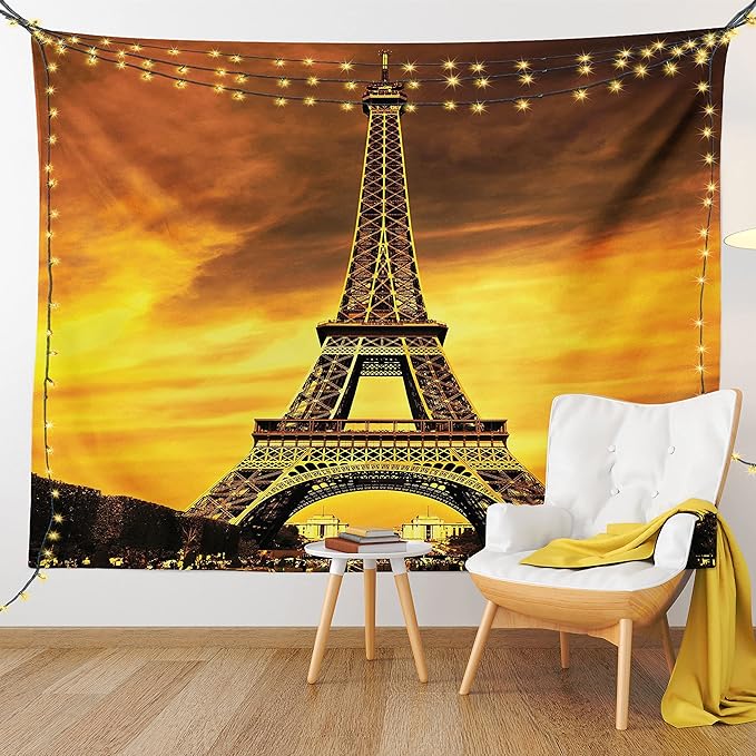 Ambesonne Eiffel Tower Tapestry, Paris Love City Monument in Dramatic Sunrise Picture of French Landmark, Fabric Wall Hanging Decor for Bedroom Living Room Dorm, 30" X 45", Yellow Brown