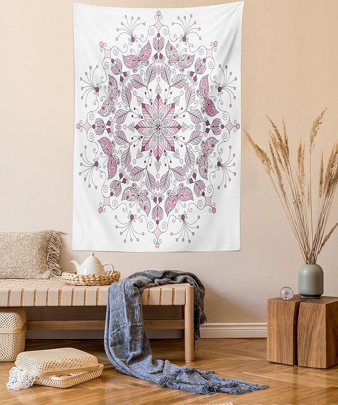 Ambesonne Mandala Tapestry Twin Size, Lacy Inspired Pastel Floral Motif with Butterfly and Lotus Branches Design, Wall Hanging Bedspread Bed Cover Wall Decor, 68" X 88", White Pale Pink