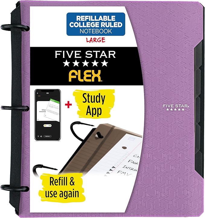 Five Star Flex Refillable Notebook + Study App, College Ruled Paper and 1 Inch TechLock Ring Binder with Pockets, Tabs and Dividers, 200 Sheet Capacity, Amethyst Purple (29328AB6)