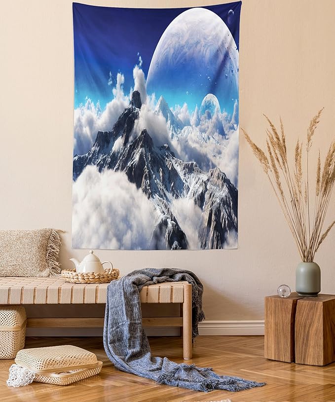 Ambesonne Fantasy Tapestry Queen Size, Celestial View of Snow Capped Mountains and Alien Planet Print, Wall Hanging Bedspread Bed Cover Wall Decor, 88" X 88", White and Navy Blue