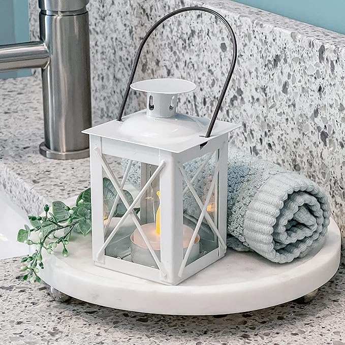 Kate Aspen Rustic Shelf Decor Luminous Vintage Tea Light Votive Candle Holders Metal Mini Decorative Lantern, Distressed White