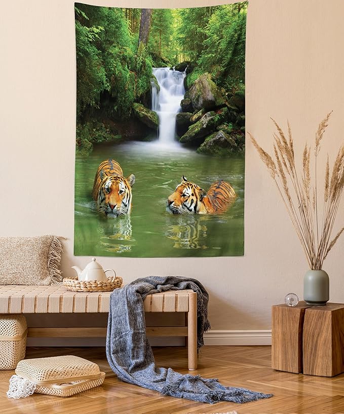 Ambesonne Savannah Tapestry, Siberian Tigers in Water Waterfall Pool Woodland Swimming Natural, Fabric Wall Hanging Decor for Bedroom Living Room Dorm, 30" X 45", Reseda Green Orange
