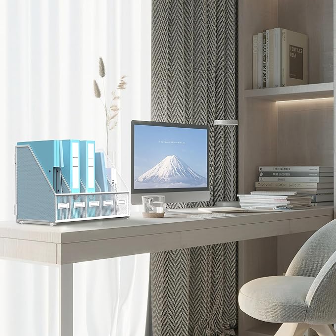 SUPEASY Desk Organizers Metal Desk Magazine File Holder with 5 Vertical Compartments Rack File Organizer for Office Desktop, Home Workspace, White Plus