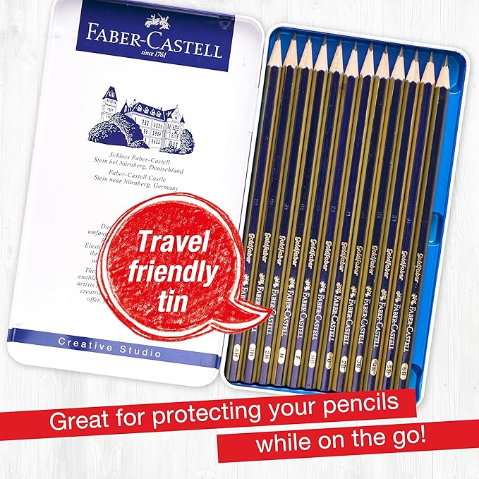 Faber-Castell Graphite Pencils Drawing Set: 12 Art Pencils for Sketching (4H, 3H, 2H, H, F, HB, B, 2B, 3B, 4B, 5B, and 6B), Shading Pencils for Drawing and Sketching, Graphite Pencil Kit