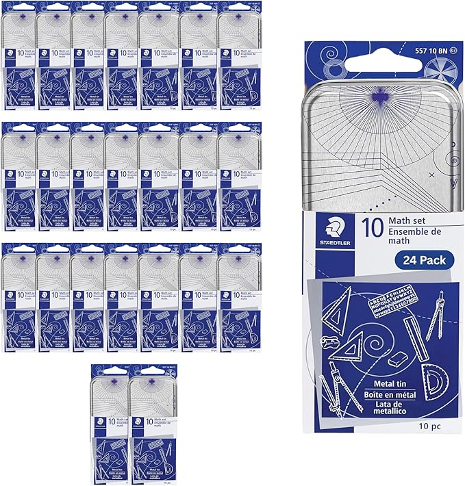 STAEDTLER 10-Piece Math Set with Metal Compass 24-Pack (24 Sets of 10 pcs), 6" Ruler & Triangle Squares, 45° & 30/60° Set Squares, Alphabet Stencil - Measuring Tools, 240 Count