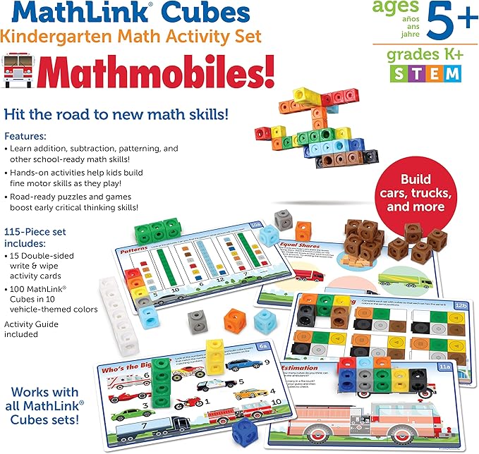 Learning Resources MathLink Cubes Kindergarten Math Activity Set: Mathmobiles! 115 Pieces, Ages 5+ Kindergarten STEM Activities, Math Activity Set and Games for Kids