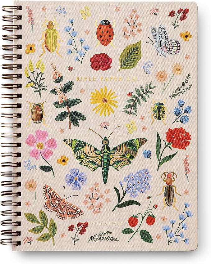 RIFLE PAPER CO. Spiral Notebook | 150 Ruled Pages, Inner Storage Pocket Folders, Double-Spiral Binding, Metallic Gold Foil Accents (8.25" L x 6.25" W), Curio