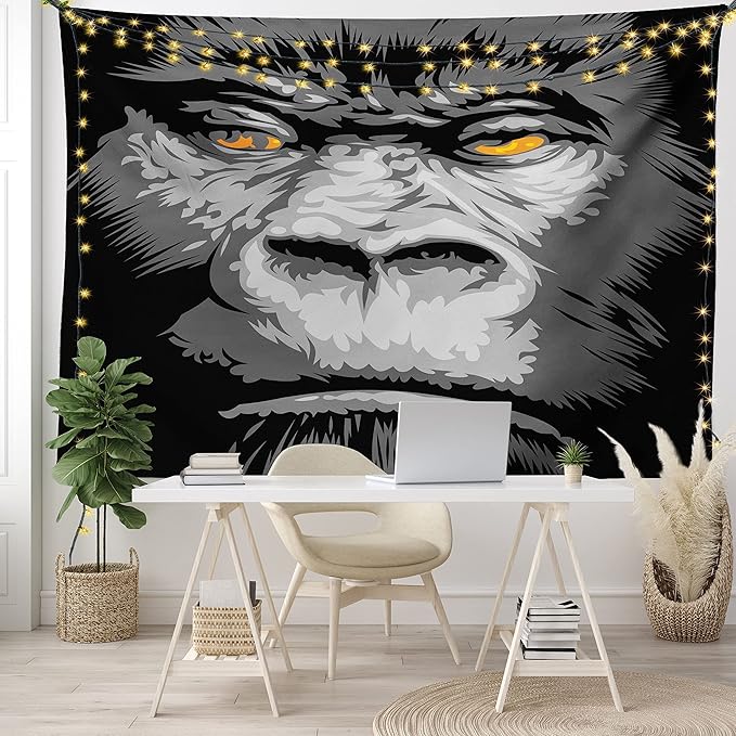Ambesonne Modern Tapestry Twin Size, Close up Gorilla Portrait with Orange Eyes Zoo Jungle Animal Wild Money Graphic, Wall Hanging Bedspread Bed Cover Wall Decor, 68" X 88", Grey Marigold