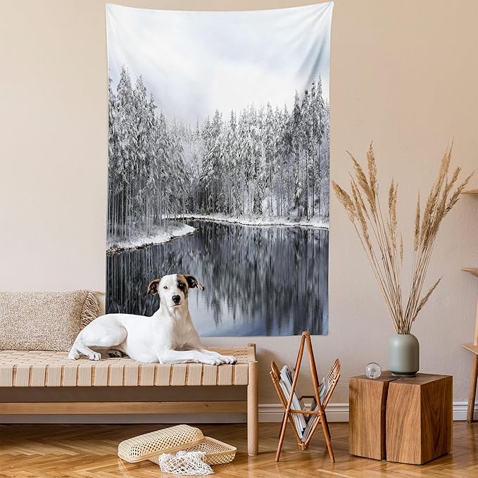Ambesonne Woodland Tapestry, Lake Surrounded by Snow Covered Trees on a Cold Winter Day in Finland Reflections, Fabric Wall Hanging Decor for Bedroom Living Room Dorm, 23" X 28", White Brown
