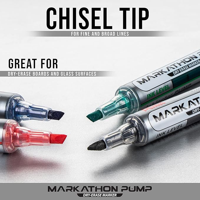 Pentel Markathon Pump Dry Erase Marker, Chisel Tip, Assorted Colors, 4 Pack (MWL6SXBP4M)