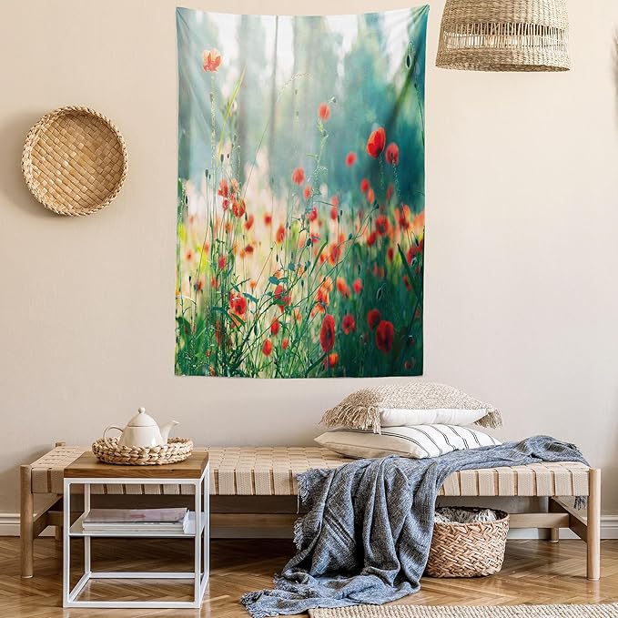 Ambesonne Nature Tapestry Twin Size, Wild Red Poppy Flowers Field Summertime Sunbeams Gardening Bedding Plants, Wall Hanging Bedspread Bed Cover Wall Decor, 68" X 88", Red Green Yellow