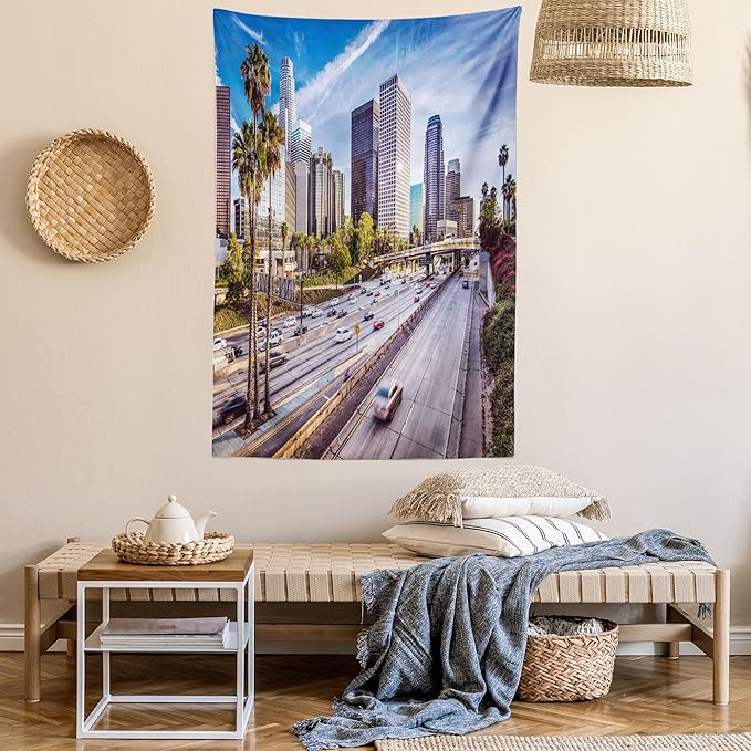 Ambesonne Travel Tapestry, Downtown Cityscape of Los Angeles California USA Avenue Buildings Palms Print, Fabric Wall Hanging Decor for Bedroom Living Room Dorm, 23" X 28", Blue Grey Green