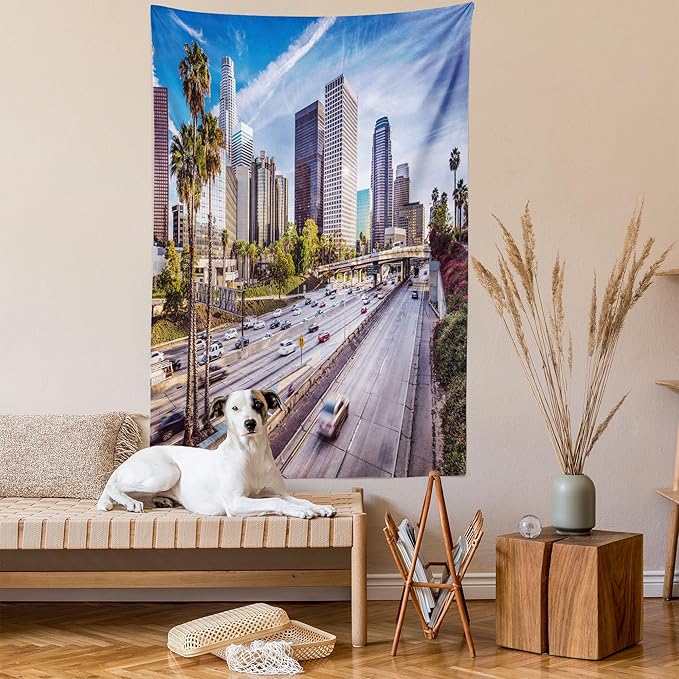 Ambesonne Travel Tapestry, Downtown Cityscape of Los Angeles California USA Avenue Buildings Palms Print, Fabric Wall Hanging Decor for Bedroom Living Room Dorm, 30" X 45", Blue Grey Green