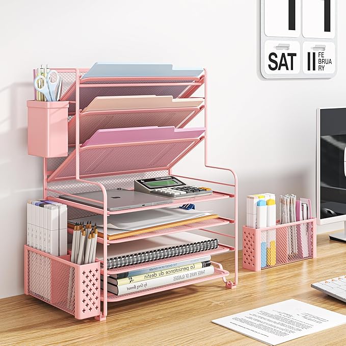 Simple Trending 7 Tier Desk File Organizer, Letter Tray Paper Organizer with Pen Holder and Metal Hanging Basket, Pink