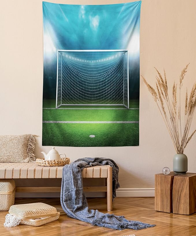 Ambesonne Soccer Tapestry Twin Size, Soccer Goal Post Sports Area Winner Loser Line Floodlit Best Team Finals Game Theme, Wall Hanging Bedspread Bed Cover Wall Decor, Twin Size, Green and Blue