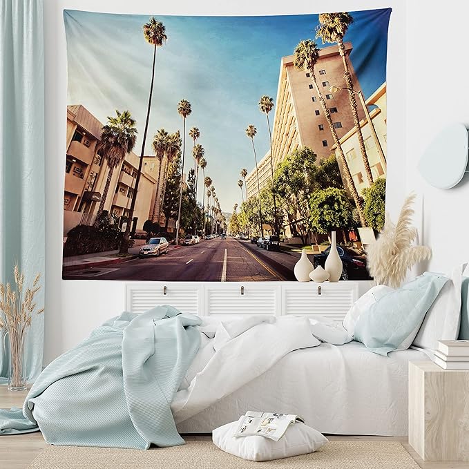 Ambesonne Urban Tapestry, Street in Beverly Hills CaliforniPalm Trees Houses Famous City Photo, Fabric Wall Hanging Decor for Bedroom Living Room Dorm, 23" X 28", Pale Blue Peach Green