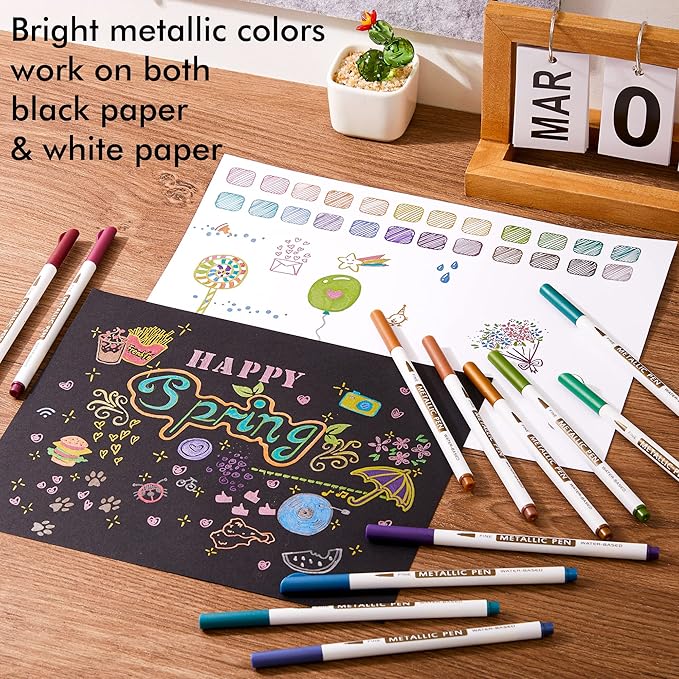 Shuttle Art Metallic Marker Pens, 24 Colors Metallic Paint Markers Fine Point for DIY Card, Calligraphy, Art and Crafting Projects, Works Great on Black Paper, Scrapbooks, Fabric, Rock.