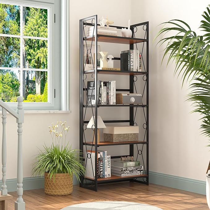 VECELO Folding Bookshelf, 5 Shelf Bookcase No Assembly, Industrial Metal Frame Book Shelves Organizer for Living Room, Office,Brown, 1 Set