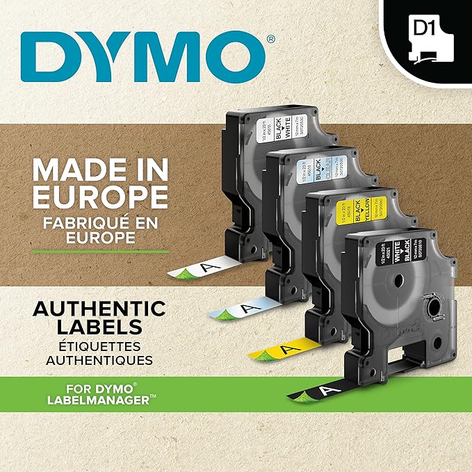 DYMO D1 Labels for LabelManager Label Makers, Black Print on White, 1/2-Inch x 23-Foot Rolls, Self-Adhesive, 4 Count