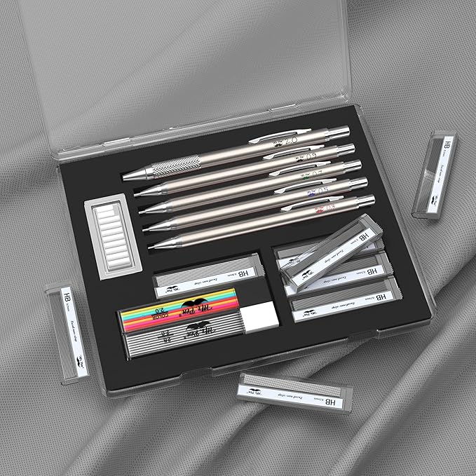 Mr. Pen- Metal Mechanical Pencil Set with Lead and Eraser Refills, 5 Sizes, 0.3, 0.5, 0.7, 0.9, 2mm, Drafting, Sketching, Architecture, Drawing Metal Mechanical Pencils