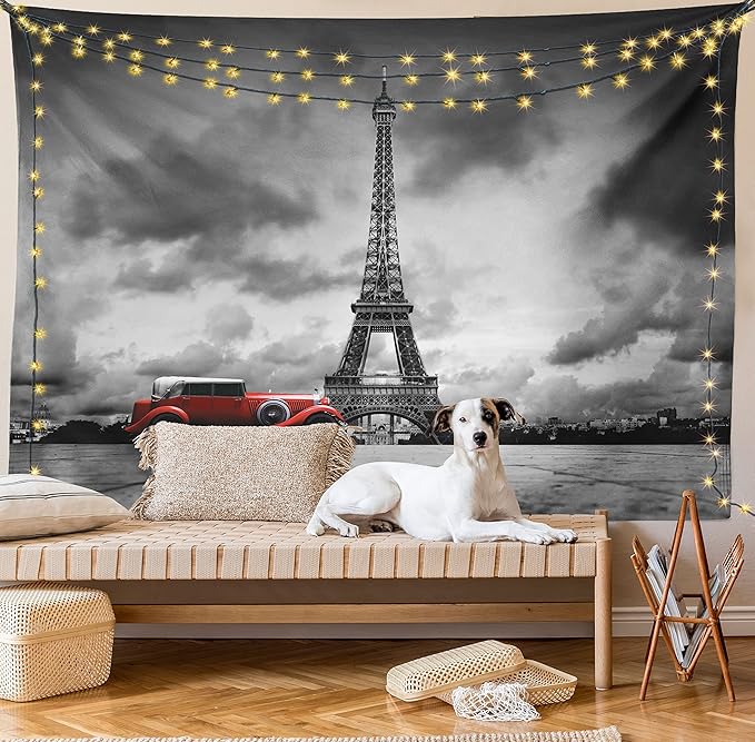 Ambesonne Eiffel Tower Tapestry Queen Size, Image of Eiffel Tower Paris France Vintage Car Street Dark Clouds, Wall Hanging Bedspread Bed Cover Wall Decor, 88" X 88", Black Red