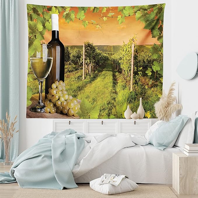 Ambesonne Winery Tapestry Twin Size, Bottle and Glass of Wine and Vineyards of Sunset Countryside Romantic Evening View, Wall Hanging Bedspread Bed Cover Wall Decor, 68" X 88", Orange Green