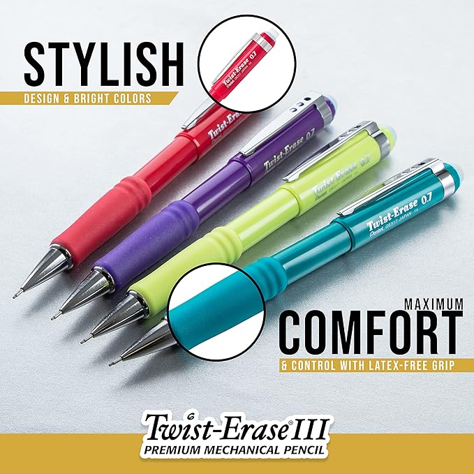 Pentel Twist-Erase III Mechanical Pencil, (0.7mm) Medium Line, with Lead and Eraser Refills (QE517LEBP)