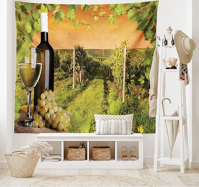 Ambesonne Winery Tapestry Twin Size, Bottle and Glass of Wine and Vineyards of Sunset Countryside Romantic Evening View, Wall Hanging Bedspread Bed Cover Wall Decor, 68" X 88", Orange Green