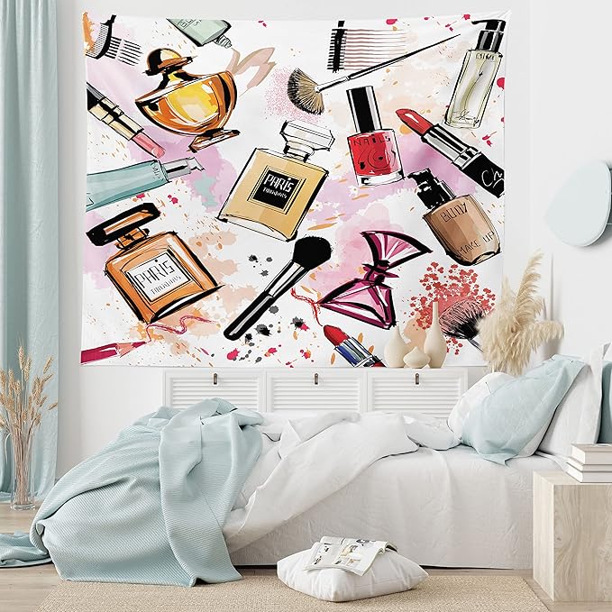 Ambesonne Fashion Tapestry, Cosmetic and Makeup Theme Pattern Perfume Lipstick Nail Polish Brush Modern, Wide Wall Hanging for Bedroom Living Room Dorm, 80" X 60", Coral White
