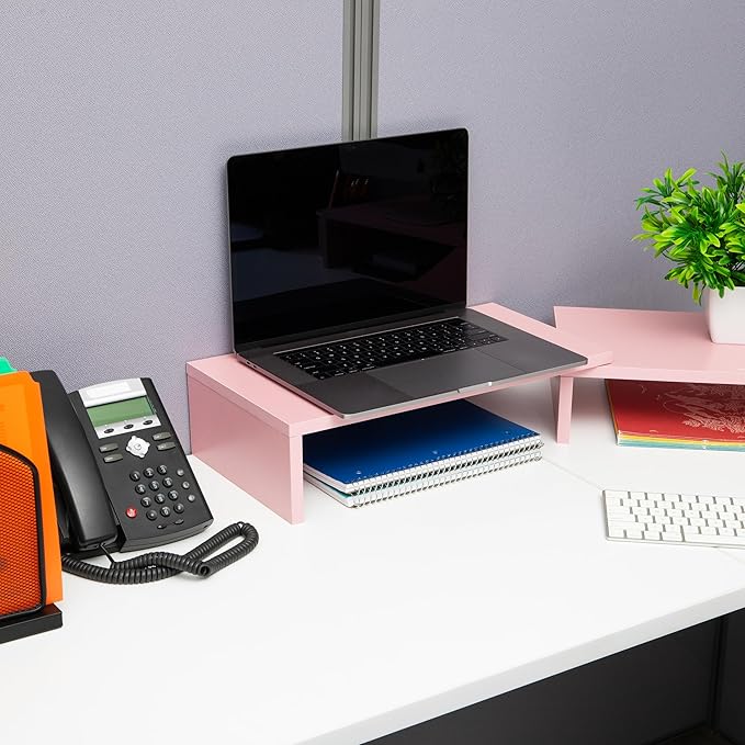 Mind Reader Dual Monitor Stand, Desktop Organizer, Laptop Riser, Office, MDF, 51.25"L x 9.25"W x 4.75"H, Pink