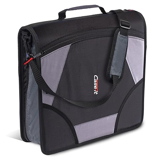Case-it King Sized Zip Tab School Zipper Binder | 4-Inch D-Rings, 800 Sheet Capacity, 5-Subject Expanding File Folder, Multiple Pockets & Storage Organizer, Shoulder Strap | D-186 Jet Black