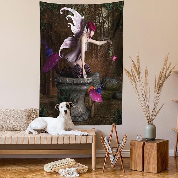 Ambesonne Tale Tapestry Queen Size, Dimensional Mythical Creature Design Artifact on Pedestal Forest Print, Wall Hanging Bedspread Bed Cover Wall Decor, 88" X 88", Red Purple Grey