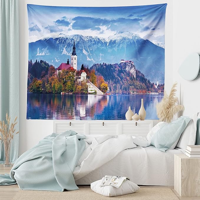 Ambesonne Landscape Tapestry Twin Size, Photo of Bled in Slovenia with Lake Snowy Mountains and a Castle Pastoral Scenery, Wall Hanging Bedspread Bed Cover Wall Decor, 68" X 88", Blue Lavender