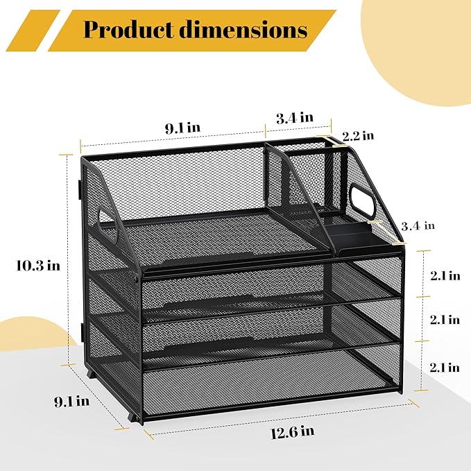 Letter Tray Paper, 4 Tier Desk Organizer with Pen Holder and Handle Mesh File Organizer Paper Sorter Metal Desktop Document Shelf for Office Home Classroom -Black