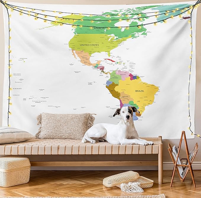 Ambesonne Map Tapestry, Map of South and North America with Countries Capitals and Major Cities Colorful Design, Fabric Wall Hanging Decor for Bedroom Living Room Dorm, 45" X 30", Green White