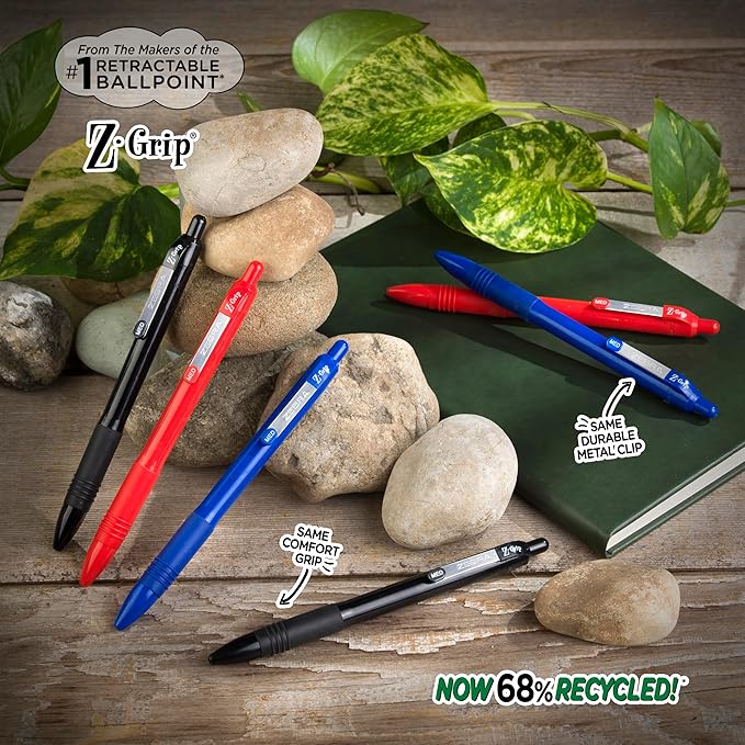 Zebra Pen Z-Grip Recycled Retractable Ballpoint Pens, 1.0mm, Blue Ink, Durable Metal Clip, 68% Recycled (GRS Certified; Global Recycled Standards), School & Office Supplies, 48-Pack (20428)