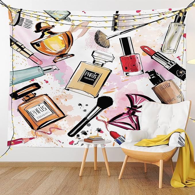 Ambesonne Fashion Tapestry, Cosmetic and Makeup Theme Pattern Perfume Lipstick Nail Polish Brush Modern, Fabric Wall Hanging Decor for Bedroom Living Room Dorm, 45" X 30", Coral White