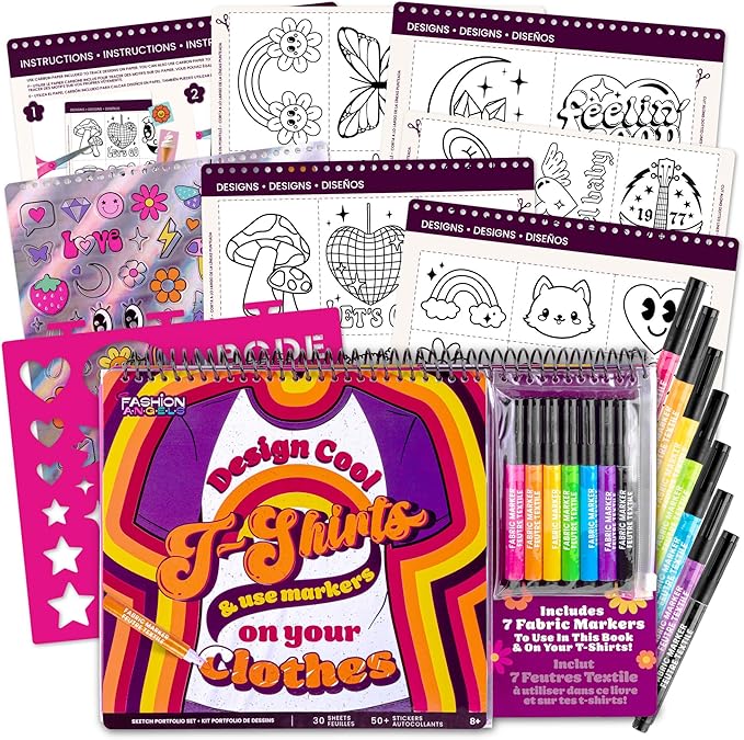 Fashion Angels T-Shirt Design Sketch Portfolio, Includes Stencils, Sketch Pages & Fabric Markers, DIY Fashion Design Kit for Kids & Teens