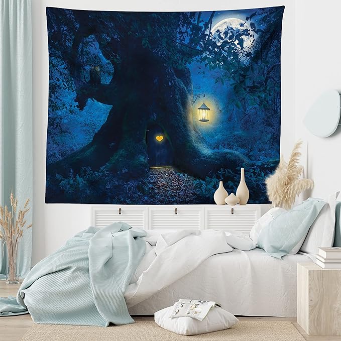 Ambesonne Fantasy Tapestry, Night with a Little Home in The Trunk of an Tree in The Woods Print, Fabric Wall Hanging Decor for Bedroom Living Room Dorm, 30" X 45", Navy Blue