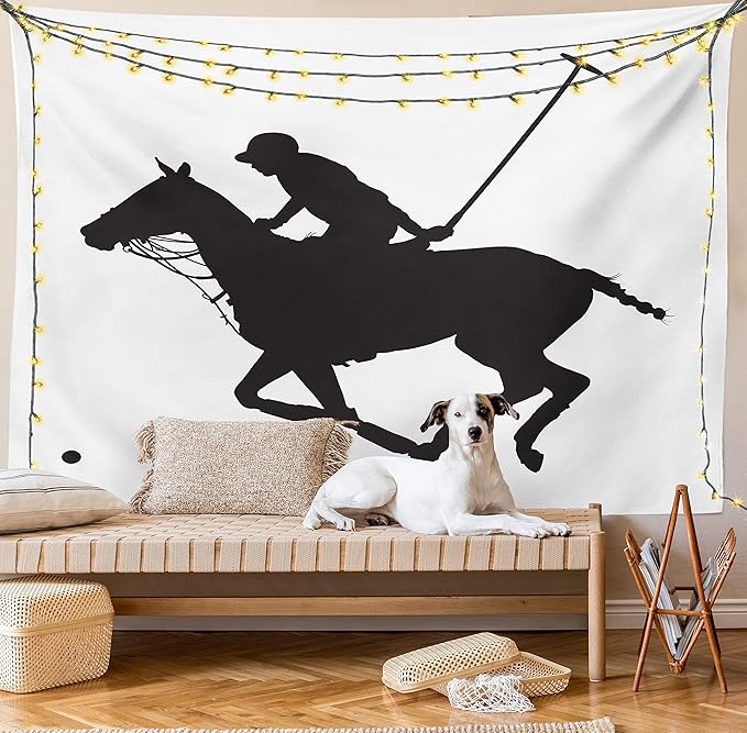 Ambesonne Sports Tapestry, Silhouette Illustration of Polo Player on a Horse Hitting a Ball Print, Fabric Wall Hanging Decor for Bedroom Living Room Dorm, 23" X 28", Charcoal Grey