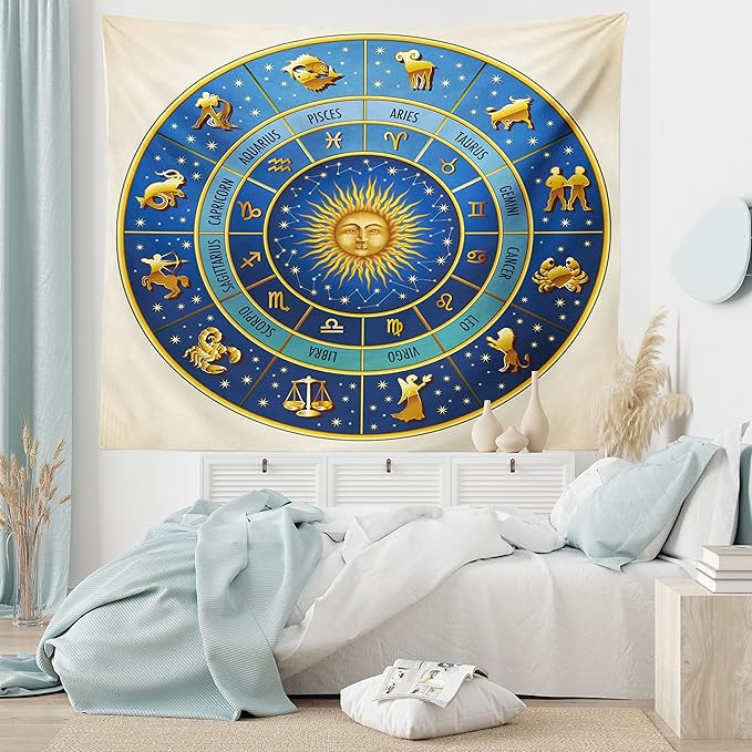 Ambesonne Astrology Tapestry Queen Size, Wheel of Astrological Signs Names Dates Moon Sun in Middle, Wall Hanging Bedspread Bed Cover Wall Decor, Queen Size, Blue Yellow and Cream